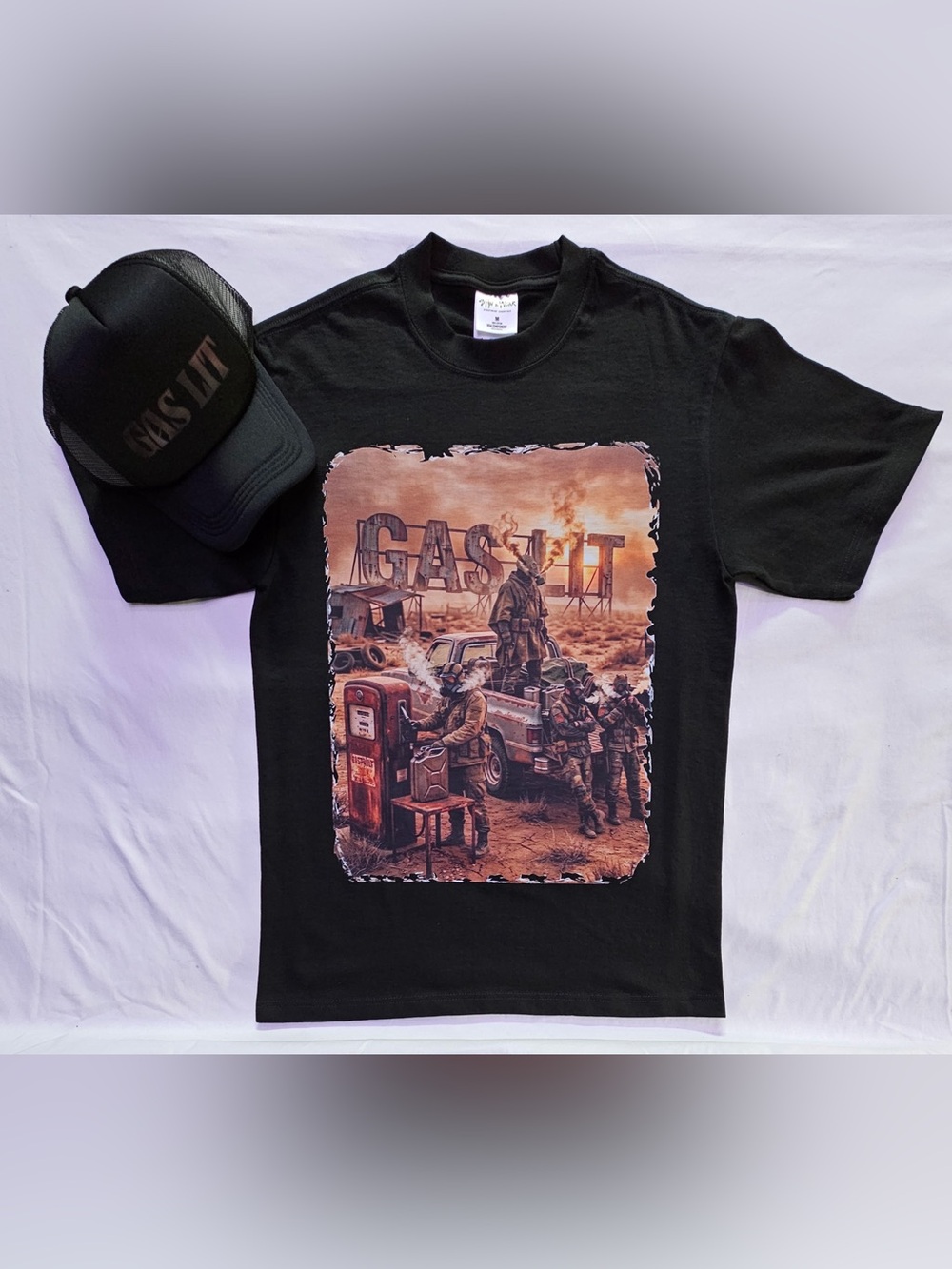 Black Graphic Tee and Trucker Hat Gas Lit - Desert Pump Illustration